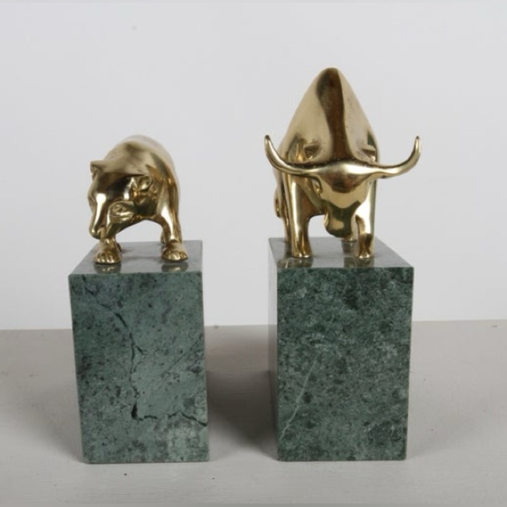 Vintage Brass Bull and Bear Stock Market Sculptures on Marble Bases - Set of 2